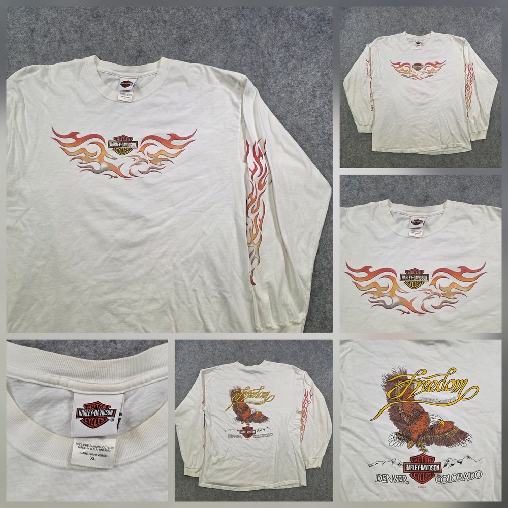 VTG Y2K Harley Davidson Motorcycles Shirt Mens XL White Flames Eagle Denver CO